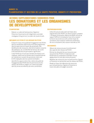 , | 82
PLANIFICATION
- Élaborer un cadre de Santé positive, Dignité et
Prévention faisant partie de (intégré dans) votre plan
stratégique à long terme et vos plans de travail annuels.
IMPLIQUER LES PVVIH ET LES RESEAUX DE PVVIH
- Évaluer le niveau et la qualité de l’engagement des PVVIH
dans la coordination (dans la fourniture des programmes,
dans la supervision du travail, des partenaires, des
bénéficiaires des ressources, dans la formulation conjointe
des politiques, etc.) et identifier les facteurs de succès
et les obstacles liés à la participation significative ;
- Si des PVVIH qui ne sont pas membres de réseaux sont
impliqués, déterminer la manière dont la représentativité
est maintenue et soutenir les personnes vivant avec
le VIH impliquées dans leur position de leaders ;
- Identifier les opportunités et les critères de qualité de
l’engagement des PVVIH dans le partenariat avec les
réseaux de PVVIH et intégrer ces critères de qualité
dans les termes de référence de votre coordination.
RESPONSABILISATION
- Utiliser les preuves découlant de l’Index de la
stigmatisation des PVVIH, Les droits humains comptent
!, le Paquet d’orientation relative à la SDSR, la Fiche de
rapport GIPA et Criminalisation Scan et/ou soutenir
la mise en œuvre de ces outils comme moyen de
corroborer votre travail en matière de coordination,
de suivi et évaluation de la riposte nationale au VIH.
RESSOURCES
- Allouer des ressources pour le renforcement
des capacités des réseaux de PVVIH ;
- Éliminer les obstacles liés aux ressources que
rencontrent les PVVIH et l’implication des
PVVIH dans la coordination (exemple, frais de
déplacement et coûts des communications) ;
- Mobiliser des ressources pour la Santé positive, Dignité
et Prévention en partenariat avec les réseaux de PVVIH ;
- Plaider en faveur de l’allocation de ressources
pour la Santé positive, Dignité et Prévention à
travers des plans et budgets sectoriels.
ACTIONS SUPPLEMENTAIRES SUGGEREES POUR
LES DONATEURS ET LES ORGANISMES
DE DEVELOPPEMENT
ANNEX 6:
PLANIFICATION ET GESTION DE LA SANTE POSITIVE, DIGNITE ET PREVENTION