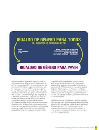 SALUD, DIGNIDAD Y PREVENCIÓN POSITIVAS | DIRECTRICES OPERACIONALES 31
Además de asegurar la calidad de los servicios, ciertos
servicios especíﬁcos deben desarrollarse especialmente
para las mujeres, niñas, HSH y personas transgénero que
viven con el VIH. Debido a su género, es frecuente que
las mujeres que viven con el VIH, tengan que soportar
la carga del cuidado de la enfermedad lo que subraya la
importancia de iniciativas que apoyen a quienes proveen
esos cuidados y aminoren sus cargas. Los programas de
PTMI deben ser accesibles y asequibles para todas las
mujeres que viven con el VIH. Los HSH y las personas
transgénero que viven con el VIH pueden requerir
acceso a servicios especíﬁcos que generalmente no están
integrados en los servicios que se ofrecen a la población
en general, como la terapia hormonal o el tratamiento para
otras enfermedades infecciosas, en parte debido a las
desigualdades de género que existen en la comunidad.
La igualdad de género para PVVIH también requiere
acciones que aborden los factores de impulso social y
aseguren la participación y apoyo de los hombres (ej. en
los servicios de PTMI). Las acciones a favor de la igualdad
de género deben integrarse en el trabajo a nivel de país
para responder al estigma y la discriminación que enfrentan
los HSH, las personas transgénero, las y los trabajadores
sexuales y otras poblaciones clave, independientemente de
su condición de VIH.
Esta sección describe los elementos y acciones esperados
bajo cada faceta de la igualdad de género y sugiere pasos a
seguir con el ﬁn de mejorar el nivel y calidad de la igualdad
de género para las PVVIH. Los diferentes contextos
nacionales pueden requerir acciones distintas y, por lo
tanto, necesitarán la adaptación de estos pasos para que
sean relevantes y apropiados.
IGUALDO DE GÉNERO PARA TODOS
SIN IMPORTAR LA CONDICIÓN DE VIH
IGUALDAD DE GÉNERO PARA PVVIH
MEJOR PARTIPACIÓN DE LAS PVVIH
EN SUS COMMUNICADES A TRAVÉS DE
MEJORES RESULTADOS
SANITARIOS, SOCIALES Y ECONÓMICOS
MENOR
VULNERABILIDAD
AL VIH
 
