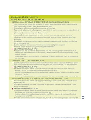 SALUD, DIGNIDAD Y PREVENCIÓN POSITIVAS | DIRECTRICES OPERACIONALES 32
›
IGUALDAD DE GÉNERO PARA PVVIH
RESPUESTAS CENTRALIZADAS Y SISTÉMICAS
REFORMA LEGAL (REFORMAR LEYES EXISTENTES O PROMULGAR NUEVAS LEYES)
• Leyes que establecen la igualdad legal de derechos sin importar el sexo, identidad de género y orientación sexual
• Leyes protectoras en contra de la violencia basada en género (VBG)
• Despenalización de las relaciones sexuales entre personas del mismo sexo
• Tratamiento de la dependencia de las drogas como una condición de salud, no como un crimen; y despenalización de
la posesión de pequeñas cantidades de droga para uso personal
• Protección legal para personas dedicadas al trabajo sexual
• Legalización de relaciones entre personas del mismo sexo entre adultos actuando de manera consensual
(despenalización de la homosexualidad y, en donde sea indicado, desclasiﬁcación de la homosexualidad como
enfermedad)
• Desclasiﬁcación del transgenerismo como una enfermedad y acceso a los sistemas de identidad y seguridad social
para personas transgénero
• Derechos legales para tener acceso a servicios independientemente del género u ocupación
• Reforma de las leyes de herencia para garantizar la igualdad de derechos
h Y EN PARTICULAR PARA LAS PVVIH
• Despenalización de la no revelación de la condición de VIH, de la exposición (percibida o potencial) al VIH y la
transmisión no intencional, en particular la transmisión y exposición sexual (ver también componentes de SDSR y
derechos humanos)
• Respuesta a la violencia contra las mujeres, HSH y personas transgénero que viven con el VIH, así como personas
que usan drogas
SERVICIOS LEGALES Y APLICACIÓN DE LEYES
• Desarrollo implementación y monitoreo de mecanismos funcionales de reclamo y reparación del daño para quienes
hayan sido víctimas de discriminación relacionada con el género, VBG y otras violaciones a sus derechos humanos
h Y EN PARTICULAR PARA LAS PVVIH
• Sistemas funcionales que ofrezcan servicios de protección a mujeres que viviendo con el VIH, incluidas las
lesbianas y los HSH, así como las personas transgénero viviendo con el VIH
• Acciones en respuesta a la esterilización forzada de mujeres que viven con el VIH en los servicios de salud sexual y
reproductiva y de PTMI
• Acciones en respuesta a la violencia contra las mujeres, los HSH y las personas transgénero que viven con el VIH
MOVILIZACIÓN E INCIDENCIA POLÍTICA PARA LA REFORMA SISTÉMICA Y LEGAL
• Movilización de la voluntad política y liderazgo para la reforma legal y la aplicación de leyes y sistemas de servicios
legales protectores
• Movilización de la sociedad civil, redes y comunidades para incidir políticamente a favor de la reforma y cambio
actitudinal de la sociedad
h Y EN PARTICULAR PARA LAS PVVIH
• Sistemas funcionales que ofrezcan servicios de protección a mujeres viviendo con el VIH, incluidas las lesbianas y
los HSH, así como las personas transgénero viviendo con el VIH
• Acciones en los servicios de salud sexual y reproductiva y de PTMI, en respuesta a la esterilización forzada de
mujeres que viven con el VIH
• Acciones en respuesta a la violencia contra las mujeres, los HSH y las personas transgénero que viven con el VIH
 