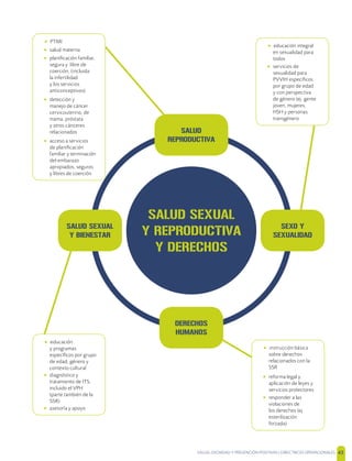 SALUD, DIGNIDAD Y PREVENCIÓN POSITIVAS | DIRECTRICES OPERACIONALES 43
• instrucción básica
sobre derechos
relacionados con la
SSR
• reforma legal y
aplicación de leyes y
servicios protectores
• responder a las
violaciones de
los derechos (ej.
esterilización
forzada)
• educación
y programas
especíﬁcos por grupo
de edad, género y
contexto cultural
• diagnóstico y
tratamiento de ITS,
incluido el VPH
(parte también de la
SSR)
• asesoría y apoyo
• educación integral
en sexualidad para
todos
• servicios de
sexualidad para
PVVIH especíﬁcos
por grupo de edad
y con perspectiva
de género (ej. gente
joven, mujeres,
HSH y personas
transgénero
• PTMI
• salud materna
• planiﬁcación familiar,
segura y libre de
coerción, (incluida
la infertilidad
y los servicios
anticonceptivos)
• detección y
manejo de cáncer
cervicouterino, de
mama, próstata
y otros cánceres
relacionados
• acceso a servicios
de planiﬁcación
familiar y terminación
del embarazo
apropiados, seguros
y libres de coerción
SALUD
REPRODUCTIVA
SALUD SEXUAL
Y REPRODUCTIVA
Y DERECHOS
SEXO Y
SEXUALIDAD
SALUD SEXUAL
Y BIENESTAR
DERECHOS
HUMANOS
 