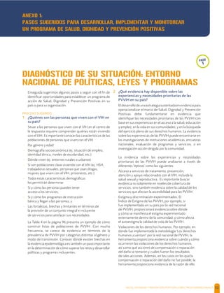 SALUD, DIGNIDAD Y PREVENCIÓN POSITIVAS | DIRECTRICES OPERACIONALES 52
Enseguida sugerimos algunos pasos a seguir con el ﬁn de
identiﬁcar oportunidades para establecer un programa de
acción de Salud, Dignidad y Prevención Positivas en su
país o para su organización.
PROCESO SUGERIDO:
1 ¿Quiénes son las personas que viven con el VIH en
su país?
Situar a las personas que viven con el VIH en el centro de
la respuesta requiere comprender quiénes están viviendo
con el VIH. Es importante conocer las características de las
poblaciones de personas que viven con el VIH
- Por género y edad
- Demografía socioeconómica (ej. situación de empleo,
identidad étnica, niveles de escolaridad, etc.)
- Dónde viven (ej. entornos rurales o urbanos)
- Si son poblaciones clave viviendo con el VIH (ej. HSH,
trabajadoras sexuales, personas que usan drogas,
mujeres que viven con el VIH, prisioneros, etc.)
- Todas estas características demográﬁcas
les permitirán determinar
- Si y cómo las personas pueden tener
acceso a los servicios;
- Si y cómo los programas de instrucción
básica y llegan a las personas; y
- Las fortalezas, brechas y limitantes en términos de
la provisión de un conjunto integral e incluyente
de servicios para satisfacer sus necesidades.
La Tabla 4 en la página 96 presenta un ejemplo de cómo
construir listas de poblaciones de PVVIH. Con mucha
frecuencia, se carece de evidencia en términos de la
prevalencia de PVVIH por categorías distintas al género y
modo de transmisión. Conocer dónde existen brechas en
la evidencia epidemiológica es también un paso importante
en la determinación de cómo superar los retos y desarrollar
políticas y programas incluyentes.
2 ¿Qué evidencia hay disponible sobre las
experiencias y necesidades prioritarias de las
PVVIH en su país?
Eldesarrollodeunaestrategiasustentadaenevidenciapara
operacionalizar el marco de Salud, Dignidad y Prevención
Positivas debe fundamentarse en evidencia que
identiﬁque las necesidades prioritarias de las PVVIH con
base en sus experiencias en el acceso a la salud, educación
y empleo; en la vida en sus comunidades; y en la búsqueda
del ejercicio pleno de sus derechos humanos. La evidencia
sobre las experiencias de las PVVIH puede encontrarse en
las investigaciones de instituciones académicas, encuestas
nacionales, evaluación de programas y servicios, o en
investigación-acción dirigida por la comunidad.
La evidencia sobre las experiencias y necesidades
prioritarias de las PVVIH puede analizarse a través de
diferentes 'ópticas' como las siguientes:
- Acceso a servicios de tratamiento, prevención,
atención y apoyo relacionados con el VIH, incluida la
salud sexual y reproductiva. Es importante buscar
evidencia no solamente en niveles de cobertura de
servicios, sino también evidencia sobre la calidad de los
servicios que afectan la accesibilidad para las PVVIH.
- Estigma y discriminación experimentados. El
Índice de Estigma de las PVVIH, por ejemplo, si
fue implementado en su país por la red nacional
de PVVIH, proporcionará evidencia sobre dónde
y cómo se maniﬁesta el estigma experimentado
externamente dentro de la comunidad; y cómo afecta
el autoestigma la calidad de vida de las PVVIH.
- Violaciones de los derechos humanos. Por ejemplo, en
donde fue implementada la metodología ‘Los derechos
humanos ¡cuentan!’ por la red nacional de PVVIH, la
herramienta proporciona evidencia sobre cuándo y cómo
ocurrieron las violaciones de los derechos humanos,
así como qué acciones de compensación o reparación
del daño se tomaron y cuáles fueron los resultados
de tales acciones. Además, en los casos en los que la
compensación o reparación del daño no fue posible, la
herramienta proporciona evidencia de la razón de ello.
paso
1
DIAGNÓSTICO DE SU SITUACIÓN: ENTORNO
NACIONAL DE POLÍTICAS, LEYES Y PROGRAMAS
ANEXO 1:
PASOS SUGERIDOS PARA DESARROLLAR, IMPLEMENTAR Y MONITOREAR
UN PROGRAMA DE SALUD, DIGNIDAD Y PREVENCIÓN POSITIVAS
 