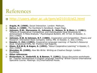 References
   http://users.aber.ac.uk/jpm/el21010/el2.html
   Argyle, M. (1969). Social Interaction. London: Methuen.
   Heron, J. (1989). The Facilitator’s Handbook. Kogan Page.
   Johnson, D.W., Maruyama, G., Johnson, R., Nelson, D. & Skon, L. (1981).
    “Effects of Cooperative, Competitive, and Individualistic Goal Structures on
    Achievement: A Meta-Analysis.” Psychological Bulletin, 89: 47-62. In Kessler, C.
    (Ed.) (1992).
   Johnson, D.W. & Johnson, R.T. (1989). Cooperation and Competition: Theory and
    Research. Interaction Book Company: Edina, MN. In Kessler, C. (Ed.) (1992).
   Kessler, C. (Ed.) (1992). Cooperative Language Learning: A Teacher’s Resource
    Book. Englewood Cliffs, NJ: Prentice Hall Regents.
   Olson, R.E.W-B, & Kagan, S. (1992). “About Cooperative Learning” in Kessler, C.
    (Ed.) (1992).
   Sharples, M. (1999). How We Write: Writing as Creative Design. London:
    Routledge.
   Other references
   Richardson, V., Underhill, A. & Bowen, T. (1991). Group discussion worksheets
    for “Teacher Development in English Language Teaching” British Council International
    Specialist Course. Hastings: ILC/International House.
 