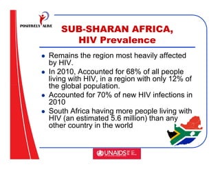 SUB-SHARAN AFRICA,
     HIV Prevalence
Remains the region most heavily affected
by HIV.
In 2010, Accounted for 68% of all people
living with HIV, in a region with only 12% of
the global population.
Accounted for 70% of new HIV infections in
2010
South Africa having more people living with
HIV (an estimated 5.6 million) than any
other country in the world
 