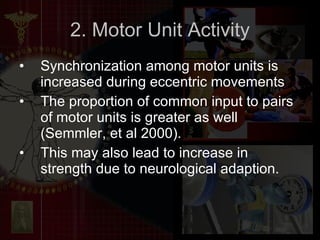 2. Motor Unit Activity Synchronization among motor units is increased during eccentric movements The proportion of common input to pairs of motor units is greater as well (Semmler, et al 2000). This may also lead to increase in strength due to neurological adaption. 