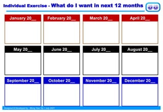Designed & Developed by : Wong Yew Yip 1 July 2021
Individual Exercise - What do I want in next 12 months
January 20__
May 20__
September 20__
February 20__
June 20__
October 20__
March 20__
July 20__
November 20__
April 20__
August 20__
December 20__
 