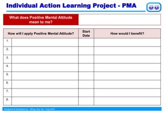 Designed & Developed by : Wong Yew Yip 1 July 2021
Individual Action Learning Project - PMA
What does Positive Mental Attitude
mean to me?
How will I apply Positive Mental Attitude?
Start
Date
How would I benefit?
1.
2.
3.
4.
5.
6.
7.
8.
 