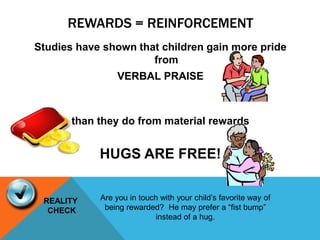 REWARDS = REINFORCEMENT
Studies have shown that children gain more pride
from
VERBAL PRAISE
than they do from material rewards
HUGS ARE FREE!
REALITY
CHECK
Are you in touch with your child’s favorite way of
being rewarded? He may prefer a “fist bump”
instead of a hug.
 