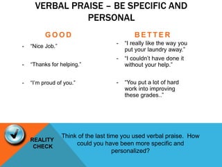 VERBAL PRAISE – BE SPECIFIC AND
PERSONAL
G O O D
- “Nice Job.”
- “Thanks for helping.”
- “I’m proud of you.”
B E T T E R
- “I really like the way you
put your laundry away.”
- “I couldn’t have done it
without your help.”
- “You put a lot of hard
work into improving
these grades..”
Think of the last time you used verbal praise. How
could you have been more specific and
personalized?
REALITY
CHECK
 