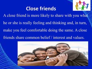 Close friends
A close friend is more likely to share with you what
he or she is really feeling and thinking and, in turn,
make you feel comfortable doing the same. A close
friends share common belief / interest and values.
 