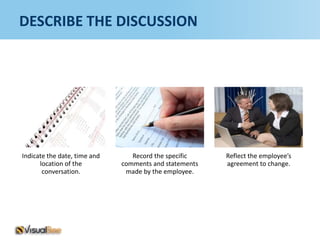 DESCRIBE THE DISCUSSION




Indicate the date, time and      Record the specific    Reflect the employee’s
      location of the         comments and statements   agreement to change.
       conversation.           made by the employee.
 