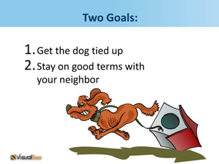 Two Goals:

1. Get the dog tied up
2. Stay on good terms with
  your neighbor
 