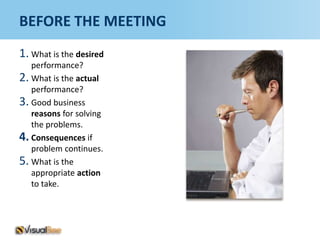 BEFORE THE MEETING
1. What is the desired
   performance?
2. What is the actual
   performance?
3. Good business
   reasons for solving
   the problems.
4. Consequences if
   problem continues.
5. What is the
   appropriate action
   to take.
 