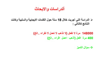 ‫واالبحاث‬ ‫ألدراسات‬
‫خالل‬ ‫أجريت‬ ‫التي‬ ‫الدراسة‬18‫الكلمات‬ ‫حول‬ ‫سنة‬‫االيجابية‬‫وكانت‬ ‫والسلبية‬
‫كالتالي‬ ‫النتائج‬:
148000‫مرة‬‫تفعل‬ ‫ال‬(‫تقراء‬ ‫ال‬ ‫تعمل‬ ‫ال‬ ‫تذهب‬ ‫ال‬..‫الخ‬)
400‫افعل‬ ‫مرة‬(‫اقراء‬ ‫اعمل‬ ‫أذهب‬..‫الخ‬)
‫التميز‬ ‫سؤال‬
 