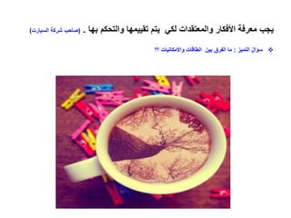 ‫بها‬ ‫والتحكم‬ ‫تقييمها‬ ‫يتم‬ ‫لكي‬ ‫والمعتقدات‬ ‫األفكار‬ ‫معرفة‬ ‫يجب‬.(‫شركة‬ ‫صاحب‬‫السيارت‬)
‫التميز‬ ‫سؤال‬:‫؟؟‬ ‫واالمكانيات‬ ‫الطاقات‬ ‫بين‬ ‫الفرق‬ ‫ما‬
 