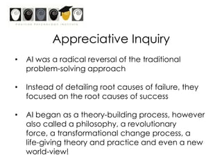 What is Appreciative Inquiry?“The co-operative search for the best in people, their organisations, and the world around them”