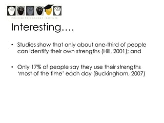 The Virtues(Peterson & Seligman, 2004)WisdomCourageHumanityJusticeTemperanceTranscendence