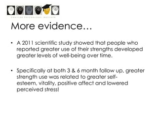 Character StrengthsCreativity					CuriosityOpen-Mindedness		Love of LearningPerspective				BraveryPersistence 				IntegrityVitality						LoveKindness					Social IntelligenceCitizenship				FairnessLeadership				Forgiveness/MercyHumility/Modesty		PrudenceSelf-regulation	Apprec. Of Beauty/ExcellenceGratitude					HopeHumour			Spirituality
