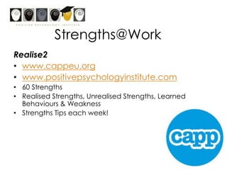 Strengths Assessment<br />Within positive psychology, strengths assessment is a key area of research.<br />Since the publi...