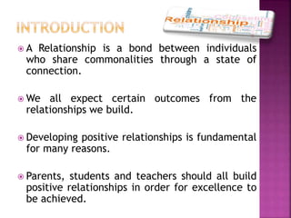  A Relationship is a bond between individuals
who share commonalities through a state of
connection.
 We all expect certain outcomes from the
relationships we build.
 Developing positive relationships is fundamental
for many reasons.
 Parents, students and teachers should all build
positive relationships in order for excellence to
be achieved.
 