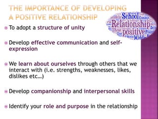  To adopt a structure of unity
 Develop effective communication and self-
expression
 We learn about ourselves through others that we
interact with (i.e. strengths, weaknesses, likes,
dislikes etc…)
 Develop companionship and interpersonal skills
 Identify your role and purpose in the relationship
 