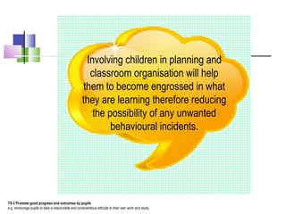 Involving children in planning and
classroom organisation will help
them to become engrossed in what
they are learning therefore reducing
the possibility of any unwanted
behavioural incidents.
TS 2 Promote good progress and outcomes by pupils
e.g. encourage pupils to take a responsible and conscientious attitude to their own work and study
 