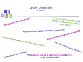 Lesson organisation
Checklist 2
Have I planned for a prompt start?
Have I timed each section of the lesson appropriately?
Do I have pace and challenge?
Are my resources readily available and appropriate?
How will I maintain pupil attention?
Are my activities well planned and varied?
Is my planning clear with learningobjectives and activities matchingpupil ability?
Will my plenary help me to match the learning objectives
to the pupil outcomes?
 