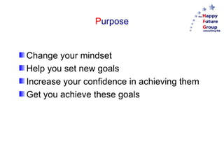 Purpose


Change your mindset
Help you set new goals
Increase your confidence in achieving them
Get you achieve these goals
 