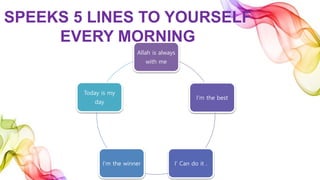 SPEEKS 5 LINES TO YOURSELF
EVERY MORNING
Allah is always
with me
I’m the best
I’ Can do it .I’m the winner
Today is my
day
 