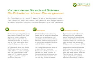 Konzentrieren Sie sich auf Stärken.
Die Schwächen können Sie vergessen.

An Schwächen arbeiten? Was für eine Verschwendung.
Seit unserer Kindheit haben wir gelernt, auf Negatives zu
achten. Werfen Sie doch mal einen Blick auf Ihre Stärken…



Von Schwächen und Stärken                 Stärken stärken                            Organizational Excellence

Die Motivationspsychologie belegt, dass   Die Positive Organisationsforschung        Ergebnis ist ein positiver Teamspirit,
eine positive Grundhaltung zum Leben,     belegt, dass ein klarer Fokus auf eigene   Kompetenzzutrauen, Vertrauen in
Optimismus und ein realistischer          Stärken und weniger Beachtung der          eigene Fähigkeiten, Erfolgserlebnisse
Selbstwert leistungsförderlich sind.      persönlichen/organisationalen Defizite,    bei der Arbeit, Selbstbewusstsein, ein
Jedoch lernen wir seit der Erziehung,     Menschen selbstbewusster macht und         positives Auftreten, das Entwickeln von
dass wir Fehler auszumerzen haben         Erfolgsmomente garantiert. Menschen        mehr Sympathie, das Genießen von
und wir für Gutes kaum Lob ernten.        wollen (!) Stärken einbringen.             Erfolgsmomenten und bessere Gefühle.

Als Erwachsener ist das nicht anders.     Ziel Positiven Managements ist es, die     Insgesamt ist Positives Management
Das Management erwartet Leistung          ureigenen Stärken, Talente und             die Ermutigung zu einem anderen
und taucht nur auf, wenn es nicht gut     Ressourcen ausfindig zu machen, um         Blickwinkel, Im Positiven Management
läuft – bei Schwächen also. Vorge-        sie dann auch gezielt zu nutzen. An        findet jeder seine Stärken, bringt sein
setzte und Führungskräfte loben zu        Schwächen arbeiten wir sowieso, das        Talent ein und alle finden zu einer
wenig und anerkennen zu selten            brauchen wir nicht zu forcieren. Aber      eigenen übergreifenden, identitäts-
persönliche Leistungen.                   das, was läuft, müssen wir stärken.        stiftenden „Organizational Excellence“.
 