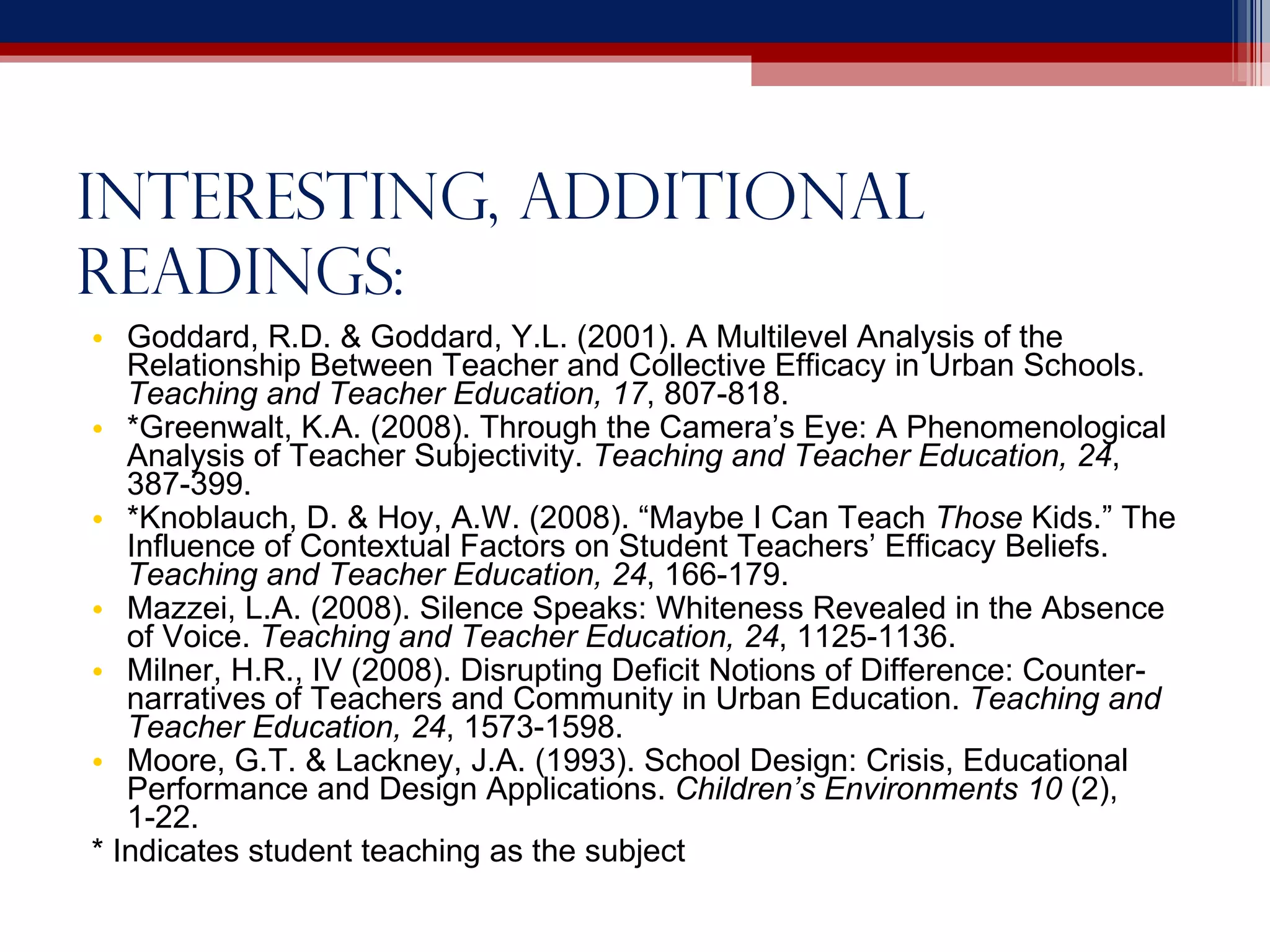 Interesting, additional readings: Goddard, R.D. & Goddard, Y.L. (2001). A Multilevel Analysis of the Relationship Between Teacher and Collective Efficacy in Urban Schools.  Teaching and Teacher Education, 17 , 807-818. *Greenwalt, K.A. (2008). Through the Camera’s Eye: A Phenomenological Analysis of Teacher Subjectivity.  Teaching and Teacher Education, 24 , 387-399. *Knoblauch, D. & Hoy, A.W. (2008). “Maybe I Can Teach  Those  Kids.” The Influence of Contextual Factors on Student Teachers’ Efficacy Beliefs.  Teaching and Teacher Education, 24 , 166-179. Mazzei, L.A. (2008). Silence Speaks: Whiteness Revealed in the Absence of Voice.  Teaching and Teacher Education, 24 , 1125-1136. Milner, H.R., IV (2008). Disrupting Deficit Notions of Difference: Counter-narratives of Teachers and Community in Urban Education.  Teaching and Teacher Education, 24 , 1573-1598. Moore, G.T. & Lackney, J.A. (1993). School Design: Crisis, Educational Performance and Design Applications.  Children’s Environments 10  (2), 1-22. * Indicates student teaching as the subject 