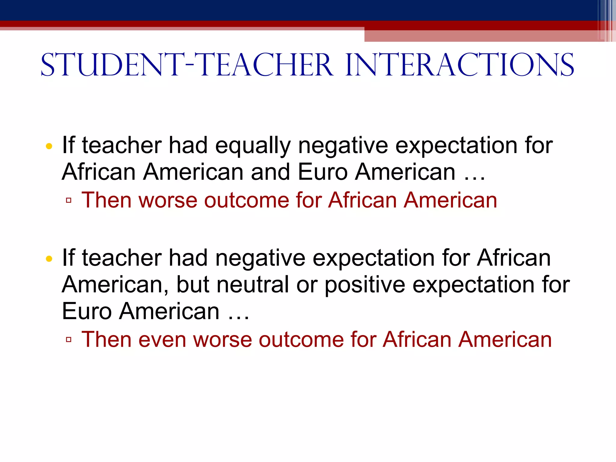 Student-teacher interactions If teacher had equally negative expectation for African American and Euro American … Then worse outcome for African American If teacher had negative expectation for African American, but neutral or positive expectation for Euro American … Then even worse outcome for African American 