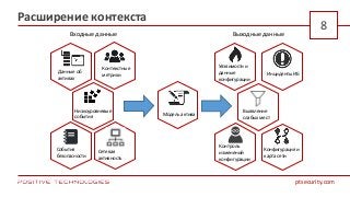 ptsecurity.com
8
Расширение контекста
Выходные данныеВходные данные
Данные об
активах
Сетевая
активность
События
безопасности
Уязвимости и
данные
конфигурации
Инциденты ИБ
Контроль
изменений
конфигурации
Конфигурация и
карта сети
Модель актива
Контекстные
метрики
Низкоуровневые
события
Выявление
слабых мест
 