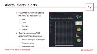 Alerts, alerts, alerts…
 45000 событий в неделю
на 5 ГБ/20 веб-сайтах
 Шум
 Спам
 Сканеры
 Роботы
 Среди них лишь 500
действительно важных
 Ручные проверки уязвимости
 Успешные атаки
 Компрометации
ptsecurity.com
17
 