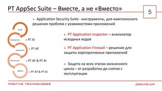 PT AppSec Suite – Вместе, а не «Вместо»
 Application Security Suite - инструменты, для комплексного
решения проблем с уязвимостями приложений
Design
Development
Deployment
Maintenance
Upgrade
 PT AI
 PT AF
 PT AF & PT AI
 PT AF & PT AI
 Защита на всех этапах жизненного
цикла – от разработки до снятия с
эксплуатации
 PT Application Inspector – анализатор
исходных кодов
 PT Application Firewall – решение для
защиты корпоративных приложений
ptsecurity.com
5
 
