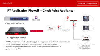 ptsecurity.ru
• PT AF выявляет атаку на веб-сайт и блокирует ее / уведомляет Check Point об источнике атаки
• Check Point блокирует запросы от злоумышленника к остальным ресурсам
• Может использоваться и для защиты от атак на веб-приложения под GOST SSL/TLS
• Доступно в виде ПАК
PT Application Firewall
Check Point Appliance
Атаки на приложения
SSL/TLS атаки
Сетевые атаки
PT Application Firewall + Check Point Appliance
 