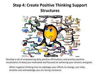 Step 4: Create Positive Thinking Support Structures Develop a set of empowering daily positive affirmations and practice positive visualization to keep you motivated and focused on achieving your dreams and goals.  When negative thinking tries to sabotage your efforts to change, just relax, breathe and acknowledge you are facing resistance 