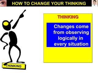 THINKINGTHINKING
THINKINGTHINKINGTHINKINGTHINKING
Changes come
from observing
logically in
every situation
Changes come
from observing
logically in
every situation
HOW TO CHANGE YOUR THINKING
 