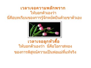 เวลาเจอความพลักพราก 
ให้บอกตัวเองว่า 
นี่คือบทเรียนของการรู้จักหยัดยืนด้วยขาตัวเอง
เวลาเจอลูกหัวดื้อ 
ให้บอกตัวเองว่า  นี่คือโอกาสทอง
ของการพิสูจน์ความเป็นพ่อแม่ที่แท้จริง
 