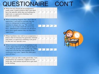 QUESTIONAIRE                                         CON’T
5 When I'm not chosen for an assignment I
  really want, I tend...