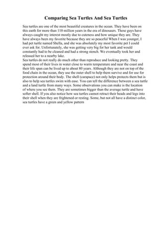 Comparing Sea Turtles And Sea Turtles
Sea turtles are one of the most beautiful creatures in the ocean. They have been on
this earth for more than 110 million years in the era of dinosaurs. These guys have
always caught my interest mostly due to cuteness and how unique they are. They
have always been my favorite because they are so peaceful When I was younger, I
had pet turtle named Shella, and she was absolutely my most favorite pet I could
ever ask for. Unfortunately, she was getting very big for her tank and would
constantly had to be cleaned and had a strong stench. We eventually took her and
released her to a nearby lake.
Sea turtles do not really do much other than reproduce and looking pretty. They
spend most of their lives in water close to warm temperature and near the coast and
their life span can be lived up to about 80 years. Although they are not on top of the
food chain in the ocean, they use the outer shell to help them survive and for use for
protection around their body. The shell (carapace) not only helps protects them but is
also to help sea turtles swim with ease. You can tell the difference between a sea turtle
and a land turtle from many ways. Some observations you can make is the location
of where you see them. They are sometimes bigger than the average turtle and have
softer shell. If you also notice how sea turtles cannot retract their heads and legs into
their shell when they are frightened or resting. Some, but not all have a distinct color,
sea turtles have a green and yellow pattern
 