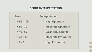 Score
• 80 - 100
• 60 - 79
• 40 - 59
• 20 - 39
• 0 - 9
SCORE INTERPRETATION
• High Optimism
Interpretation
• Moderate Optimism
• Balanced / neutral
• Moderate Pessimism
• High Pessimism
 