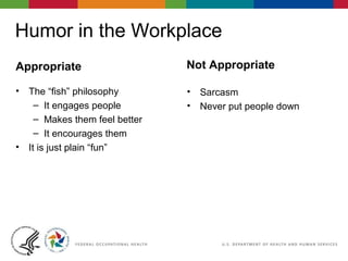 Appropriate Not Appropriate
• The “fish” philosophy
– It engages people
– Makes them feel better
– It encourages them
• It is just plain “fun”
• Sarcasm
• Never put people down
Humor in the Workplace
 