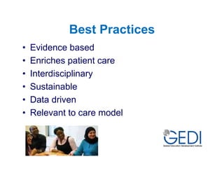 Best Practices
•   Evidence based
•   Enriches patient care
•   Interdisciplinary
•   Sustainable
•   Data driven
•   Relevant to care model
 