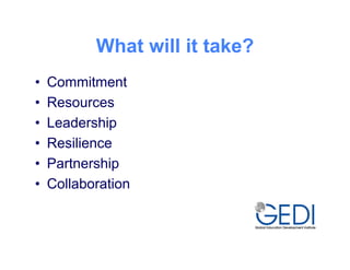 What will it take?
•   Commitment
•   Resources
•   Leadership
•   Resilience
•   Partnership
•   Collaboration
 
