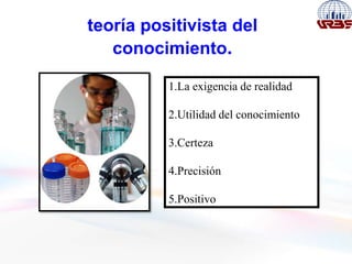 teoría positivista del
conocimiento.
1.La exigencia de realidad
2.Utilidad del conocimiento
3.Certeza
4.Precisión
5.Positivo
 