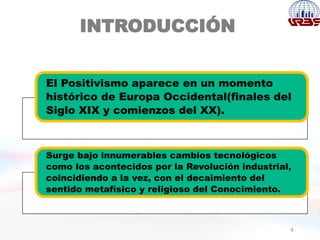 INTRODUCCIÓN
4
El Positivismo aparece en un momento
histórico de Europa Occidental(finales del
Siglo XIX y comienzos del XX).
Surge bajo innumerables cambios tecnológicos
como los acontecidos por la Revolución industrial,
coincidiendo a la vez, con el decaimiento del
sentido metafísico y religioso del Conocimiento.
 