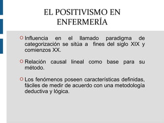 O Influencia en el llamado paradigma de
categorización se sitúa a fines del siglo XIX y
comienzos XX.
O Relación causal lineal como base para su
método.
O Los fenómenos poseen características definidas,
fáciles de medir de acuerdo con una metodología
deductiva y lógica.
EL POSITIVISMO EN
ENFERMERÍA
 