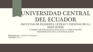 UNIVERSIDAD CENTRAL
DEL ECUADOR
FACULTAD DE FILOSOFÍA, LETRAS Y CIENCIAS DE LA
EDUCACIÓN
CARRERA DE PSICOLOGÍA EDUCATIVA Y ORIENTACIÓN
METODOLOGÍA DE LA INVESTIGACIÓN
Realizado por: Alejandro Rodríguez
Semestre: 5to A
 