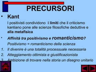 PRECURSORI
• Kant
I positivisti condividono i limiti che il criticismo
kantiano pone alle scienze filosofiche deduttive e
alla metafisica
• Affinità tra positivismo e romanticismo?
Positivismo = romanticismo della scienza
1. Il divenire è una totalità processuale necessaria
2. Atteggiamento ottimista e giustificazionista
3. Ambizione di trovare nella storia un disegno unitario
 