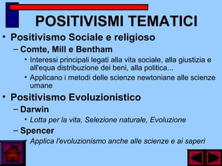 POSITIVISMI TEMATICI
• Positivismo Sociale e religioso
– Comte, Mill e Bentham
• Interessi principali legati alla vita sociale, alla giustizia e
all'equa distribuzione dei beni, alla politica...
• Applicano i metodi delle scienze newtoniane alle scienze
umane
• Positivismo Evoluzionistico
– Darwin
• Lotta per la vita, Selezione naturale, Evoluzione
– Spencer
• Applica l'evoluzionismo anche alle scienze e ai saperi
 